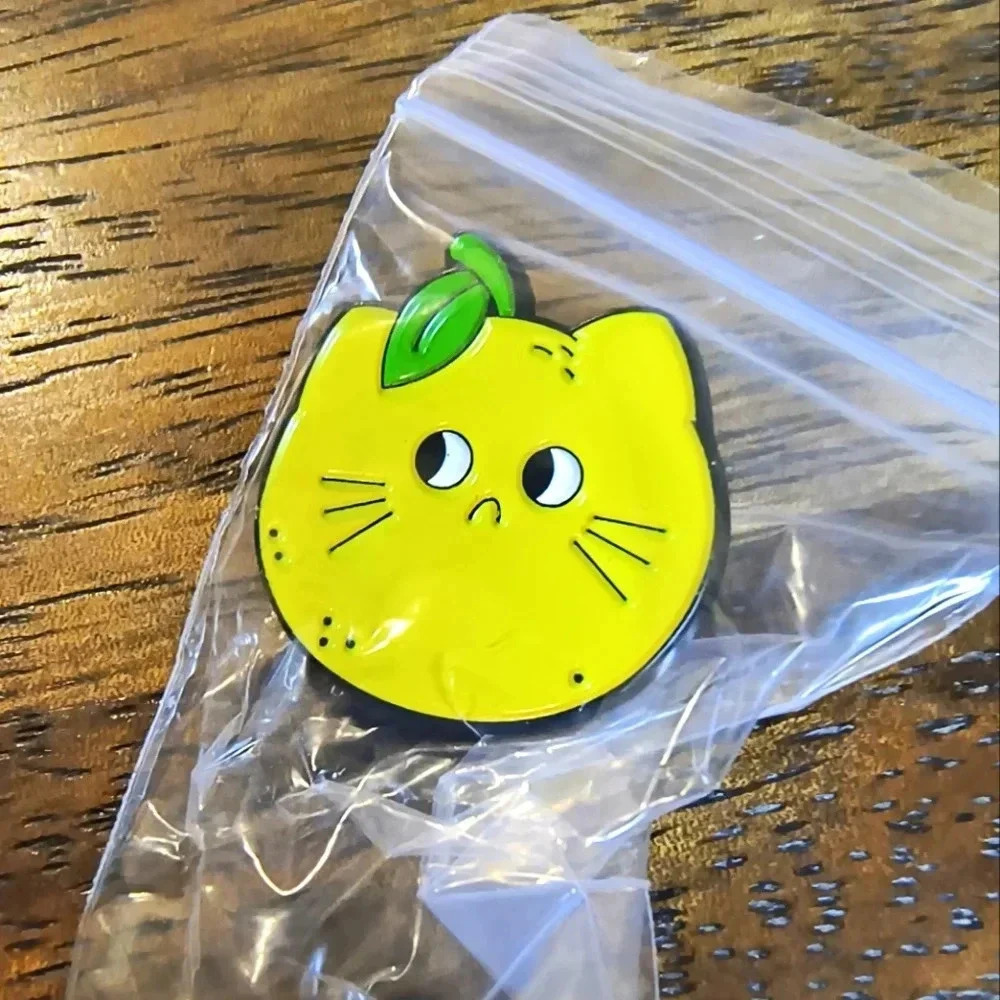 Funny lemon sad cat kitten enamel pin jewelry women's decor bag yellow green yel